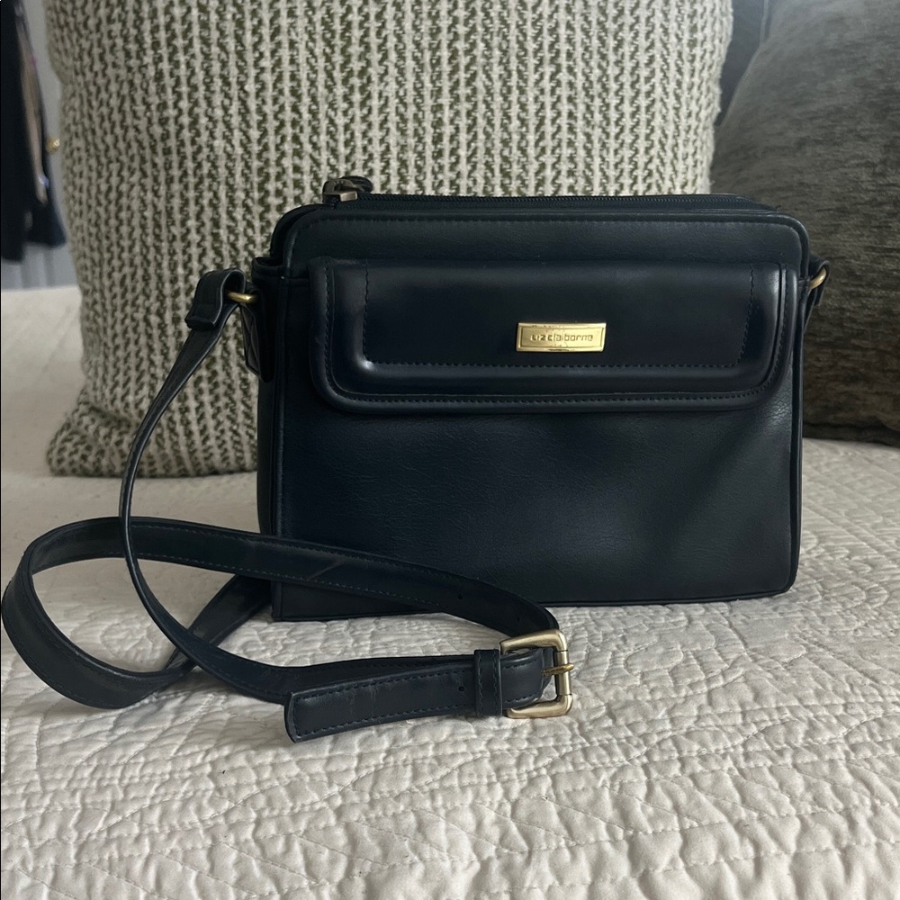 Liz Claiborne Navy Leather Shoulder Crossbody with Gold Hardware
